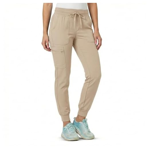 MediChic Mini Marilyn Knit Scrub Joggers 4-Way Stretch Elastic Drawcord Six Pocket Medical Nursing Slim Fit Tapered Jogger Pants, Khaki Size Medium