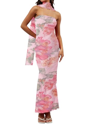 Image of calbatic Women Floral Tube Maxi Dress Strapless Ruffle Hem Long Bodycon Vacation Summer Halter Dress with Scarf Green