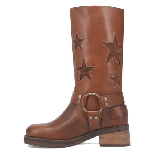 Image of Dingo Womens Blacklist Tooled Inlay Round Toe Pull On Motorcycle Casual Boots Mid Calf Mid Heel 2-3 inch