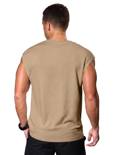 Comdecevis Men's Casual V-Neck Ribbed Knit Summer Beach Tank Tops M Khaki — view 2
