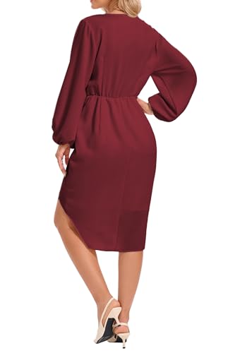 Image of Women's Wrap V Neck Asymmetrical Hem Midi Ruched Cocktail Evening Dress | Back Zipper, Regular Fit, Club Night, Semi Office Formal, Wedding Dinner Date, Flutter Short Sleeve, High Low Irregular Hem