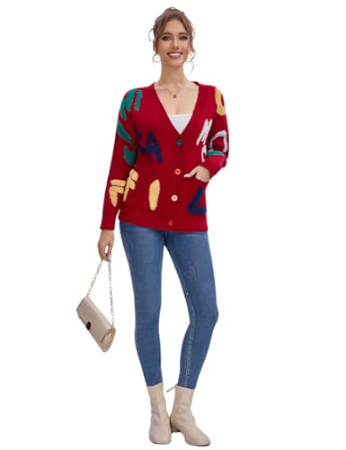 Women's Sheep Embroidered Sweater V-Neck Cardigan – Cable Knit Open Front Coat with Rainbow Buttons Sweater Coat Outwear4