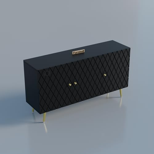 Image of Wooden Sideboard Cabinet for Living Room & Bedroom | Geometric Design Side Board Crockery Cabinet with 3 Doors Storage for Home | HDMR Premium Wood | Golden Metal Legs (Black)
