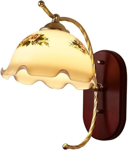 Aplique Vintage de Flores de Mediados de Siglo, de Vidrio lechoso, de Madera, Estilo rústico Dorado Antiguo, para Dormitorio, Sala de Estar, baño y Pasillo.