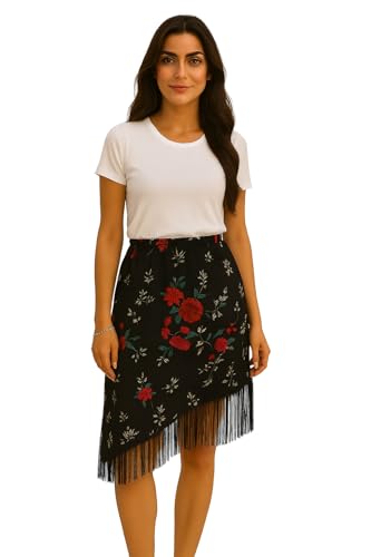 Falda Sevillana Flamenca Asimétrica con Flecos Negros y Rosa Lateral – Estampado de Lunares o Flores, Tejido con Gran Caída, Hecha a Mano en España (TALLA G)