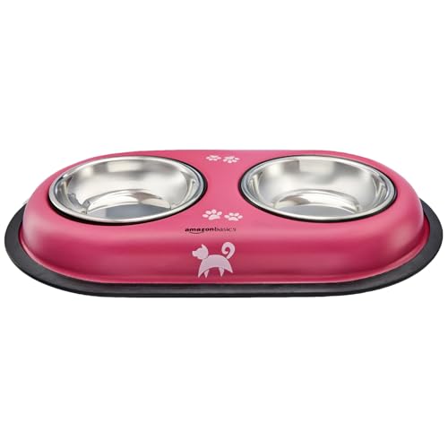 Image of Amazon Basics Stainless Steel Pet Feeding Bowls with Plastic Tray| Anti Slip Base | 230 ml Each