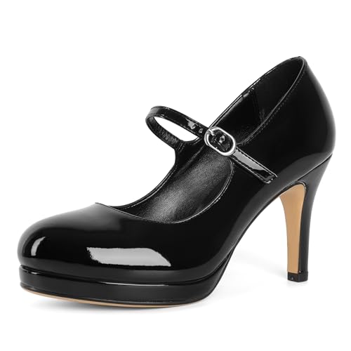 Soireelady Women's Platform Mary Jane Pumps Closed Round Toe Ankle Strap Stiletto High Heels Dress Shoes 3.5 Inches