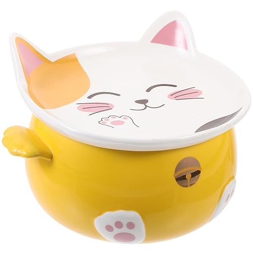 セット かわいい猫のインスタントラーメン丼 大容量 陶器蓋付き弁当箱(猫丼(粉)) セット アジアンスープボウル ラーメン鍋 ヌードルボウル 丸いボウル おかゆ ハンドル付き 黄色 15X14.5X8.5CM