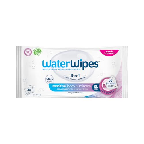 WaterWipes Sensitive Whole Body Cleansing Wipes, 99.9% Purified Water, XL Textured Wipes, Incontinence Care, Fragrance Free, 30 Count