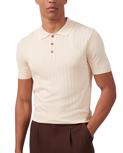 Kallspin Men's Vintage Knitted Polo Shirt Short Sleeve Solid Collared Golf Shirts with Button (Beige Medium