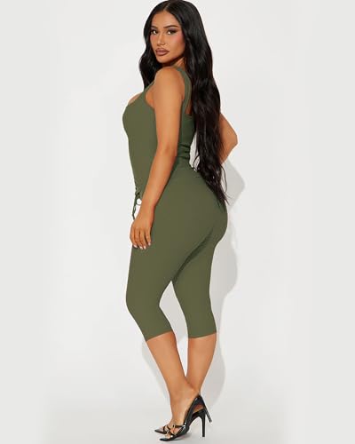 Image of 2 Piece Sets for Women Sexy Ribbed Crop Tops High Waist Bodycon Capri Pants Womens Summer Outfits Clubwear