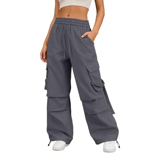 Rrongwn Damen Baggy Hose Cargo leichte Sommerhose mit Gummizug Freizeithose Pants mit Kordelzug Frauen Casual Jogginghose Cargo Hose Outdoorhose Mode Hosen, gris oscuro, XXL