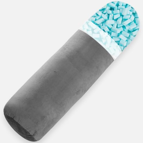 Almohada corporal, almohada redonda de espuma viscoelástica para adultos, cojín largo y fijo para cama, cojín cilíndrico con funda de terciopelo (gris, 90 x 20 cm)