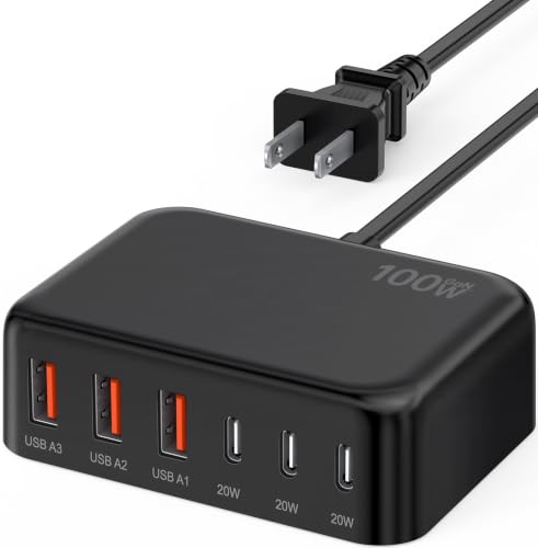 [2026 Updated] USB C Fast Charger, 100W GaN 6 Port Type C Charging Station Hub Block Cube, USB C Wall Charger Power Strip Adapter Plug for iPad iPhone 17 16 15 14 Pro Max Pixel Note Galaxy, 5ft Cord