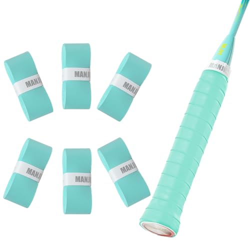 MANJHONG Tennis Racket Grip Tape, Tacky Overgrip for Badminton, Pickleball, Padel, Squash Racquet - Great Sweat Absorption & Non-Slip, 6-Pack TiffyBlue