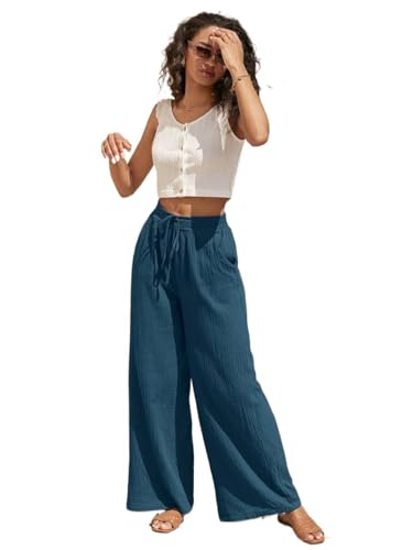SECOLI Women Causal High Waist Wide Leg Pants Drawstring Waist Wide Leg Pants