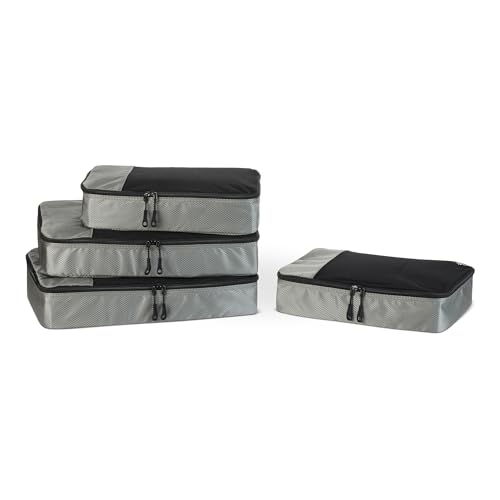 Amazon Essentials Juego de 4 Cubos para Viaje, Organizador de Equipaje con Doble Cremallera, Parte Superior de Malla, 100% Poliéster, 2 Mediano/2 Grande, Gris (anteriormente Amazon Basics)