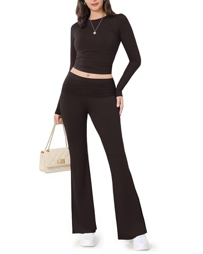 Image of ZOOSIXX Lounge Sets for Women - 2 Piece Outfits Crop Tops with Fold Over Flare Leggings Fall Loungewear Fitted Pajama