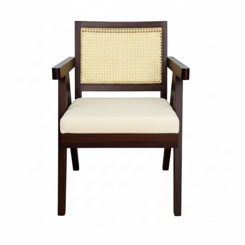 Image of Sainistree Furniture Solid Sheesham Wood Rattan Armchair, Walnut Finish Cane Back Chair with Cream Upholstery, Elegant Wooden Chair for Living Room, Bedroom, Dining, Indoor & Outdoor Furniture (Cream)