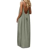 Backless Cami Dresses for Women Summer 2026 Sleevelesss Boho Long Flowy Maxi Loose Spaghetti Strap Open Back Dress Lounge House Vacation Beach Sundresses Army Green M