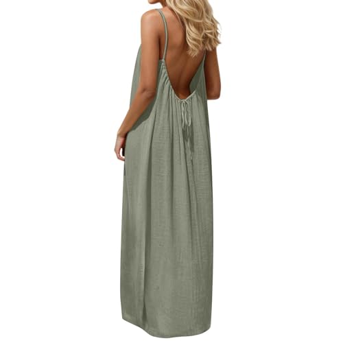 Image of HTHLVMD Backless Cami Dress Summer Dresses for Women 2026 Spaghetti Strap Dresses Womens Solid Color Backless Cami Dress
