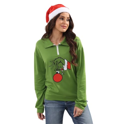 AKTOTO New Pullover Ugly Christmas Sweaters Cartoon Character Green Monster Print Unisex Sweatshirt with Christmas Hat