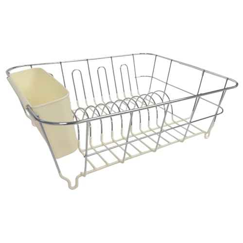 Dish Drying Rack & Cutlery Holder 2 Piece Set - Compact Sink-Fitting Dish Drainer with Rubberized Undercoating, Space-Saving Kitchen Organizer for Plates, Cups, Bowls & Utensils in Sink, Ivory