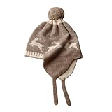 Kinder Gestrickte Beanie Mütze mit Ohrenklappen & Bommel für Jungen Mädchen, Superweiche Warme Winterhüte aus 100% Kaschmir für 4–8 Jahre, Süße Outdoor Ski Snowboard Ohrklappen Strickmütze Curry