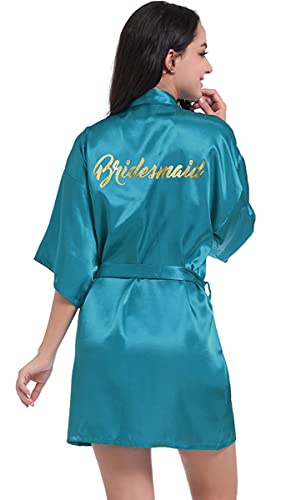 Women's Satin Kimono Robe for Bridesmaid and Bride Wedding Party Getting Ready Short Robe with Gold Glitter Peacock Blue Bridesmaid XXX-Large 16-18
