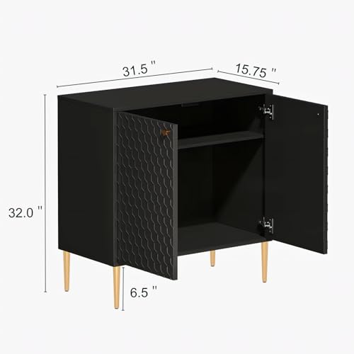 Image of Hexagon Pattern Wooden Sideboard Cabinet 2 Door Storage Unit with Metal Legs | Premium HDMR Wood Console Cabinet for Living Room, Kitchen & Dining | DIY Leg Assembly(Black)
