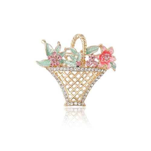 Image of PINK TOWN Rhinestone Flower Basket Brooch For Women Colorful Crystal Flower Basket Brooch Pin Dainty Elegant Clothing Hat Bag Accessories Gold