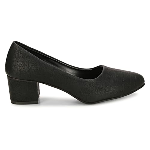Women's Chunky Low Block Heel Pumps Shoes | Synthetic Textured Pointed Toe Dress Shoes | Closed Toe, Slip On Comfortable 2-Inch Heel for Office, Casual, and Party Wear (5, Black)2