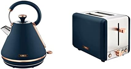 Tower T10044MNB Cavaletto Pyramid Kettle with Fast Boil, Detachable Filter, 1.7 Litre & T20036MNB Cavaletto 2-Slice Toaster with Defrost/Reheat, Stainless Steel, 850W, Midnight Blue and Rose Gold