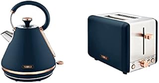 Tower T10044MNB Cavaletto Pyramid Kettle with Fast Boil, Detachable Filter, 1.7 Litre & T20036MNB Cavaletto 2-Slice Toaster with Defrost/Reheat, Stainless Steel, 850W, Midnight Blue and Rose Gold