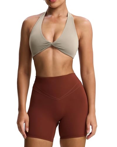 Image of Aoxjox Women's Rosie Halter Sports Bra | halter neck, removable padding, medium impact, workout top, fitness yoga crop tank, gym essential