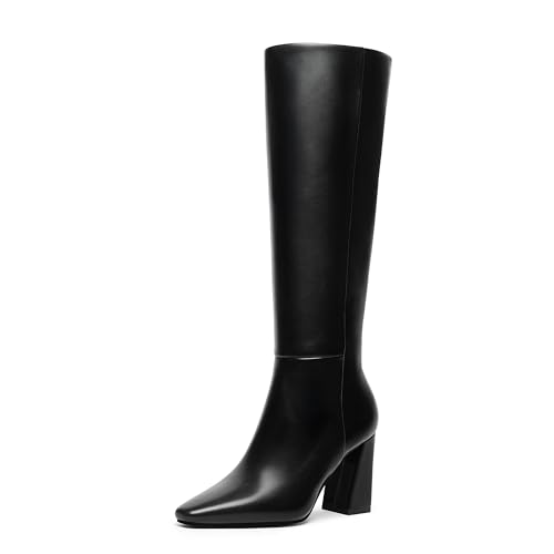 Meolee Knee High Boots for Women Square Toe Chunky High Heel Tall Boots Fashion Long Boots with Side Zipper
