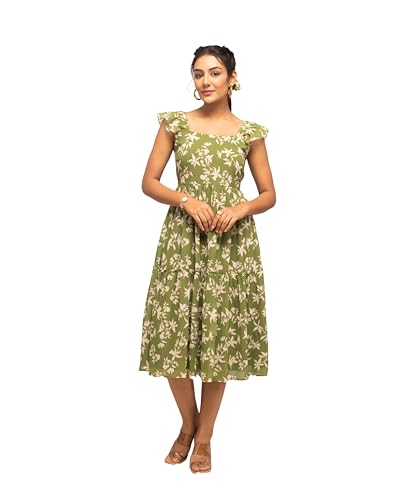 FIORRA Mehandi - Vestido verde georgette con estampado floral para mujer, Verde Mahendi, 34