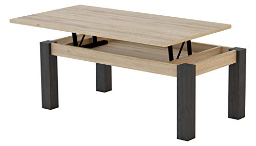 KR Decor MZ444 Mesa de Centro elevable Rectangular, Roble/Negro Madera, 100x50x42.2 cm