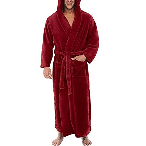 Mens Hooded Fleece Robe Plush Long Bathrobes Bath Robe for Men Red XL