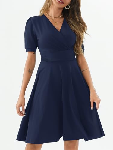 Image of Women's Summer Casual Dress Short Sleeve Wrap V-Neck A-Line Dress Sundress Wedding Guest Cocktail Midi Dresses