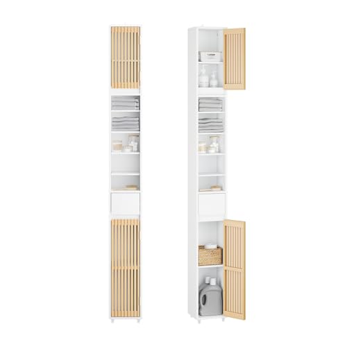 SoBuy Mueble de Baño, Armario Baño Estrecho, Mueble Auxiliar Columna con 6 Estantes Ajustables y Cajón, Armario de Almacenaje con Puertas de Bambú, Blanco, 20x20x180cm, BZR34-BW