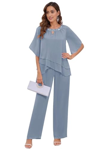 IUYRESX Hosenanzug Damen Hochzeit Mutter Der Braut Hosenanzug Damen Festlich Elegant 2-Teiliges Chiffon Hosenanzüge Set Hochzeitsgäste Outfit Stimmungsvolles Blau 32