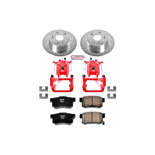 Image of PowerStop Rear Brake & Caliper Kit for Acura TL 1999-03 - Carbon-Fiber Ceramic Brake Pads + Drilled & Slotted Rotors + Red Powder Coated Calipers, KC2308
