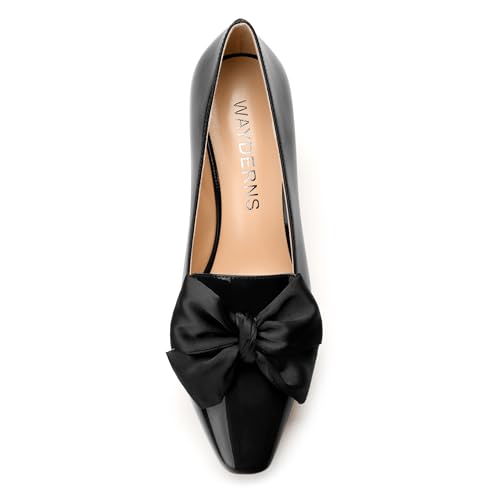 WAYDERNS Womens Slip On Solid Square Toe Bow Patent Casual Dating Kitten Low Heel Pumps Shoes 2 Inch3