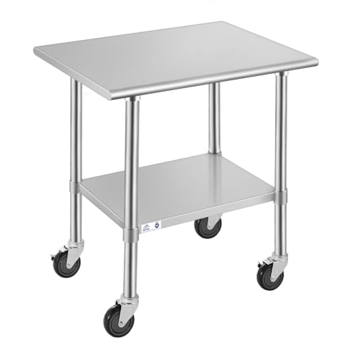 Image of ROCKPOINT Stainless Steel Table for Prep & Work with Caster Wheels 24x36 Inches, NSF Metal Commercial Kitchen Heavy Duty Table with Adjustable Under Shelf and Table Foot for Restaurant, Home and Hotel