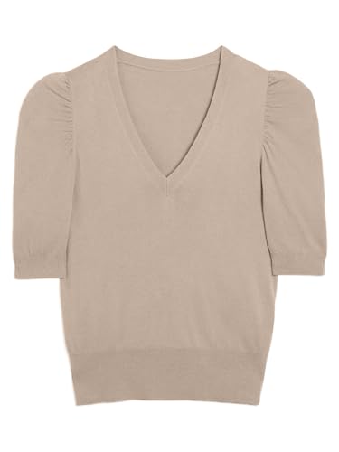 Women's V Neck Puff Sleeve Sweater Pullovers Lightweight Work Ofiice Knitted Tunic Tops