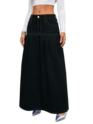 chouyatou Women's Summer Casual Flared High Waist Long Jean Skirt Pleated A-Line Maxi Denim Skirt