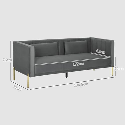 HOMCOM Canapé 3 Places, canapé en Velours 194,5 cm avec 2 Coussins Amovibles, Bandes élastiques et Ressorts en S, pour Chambre à Coucher, Salon et Bureau à Domicile, Gris foncé – Image 4