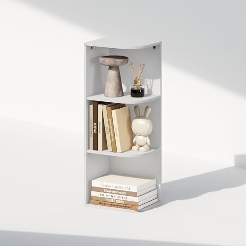 Image of Furinno Reed Corner Shelf, 3-Tier Corner Bookshelf, Book Shelf, Corner Shelves, Storage Rack, for Organization and Storage, Home Office, Living Room, White