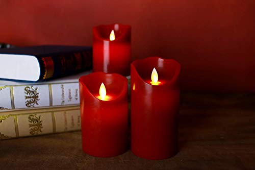 YIWER Flameless Candle, Φ3.15 xH 4"/5"/6" Set of 3 Real Wax Not Plastic Pillars Include Realistic Dancing LED Flames and 10-Key Remote Control with 2/4/6/8-hours Timer Function,300+ Hours (3×1, Red)